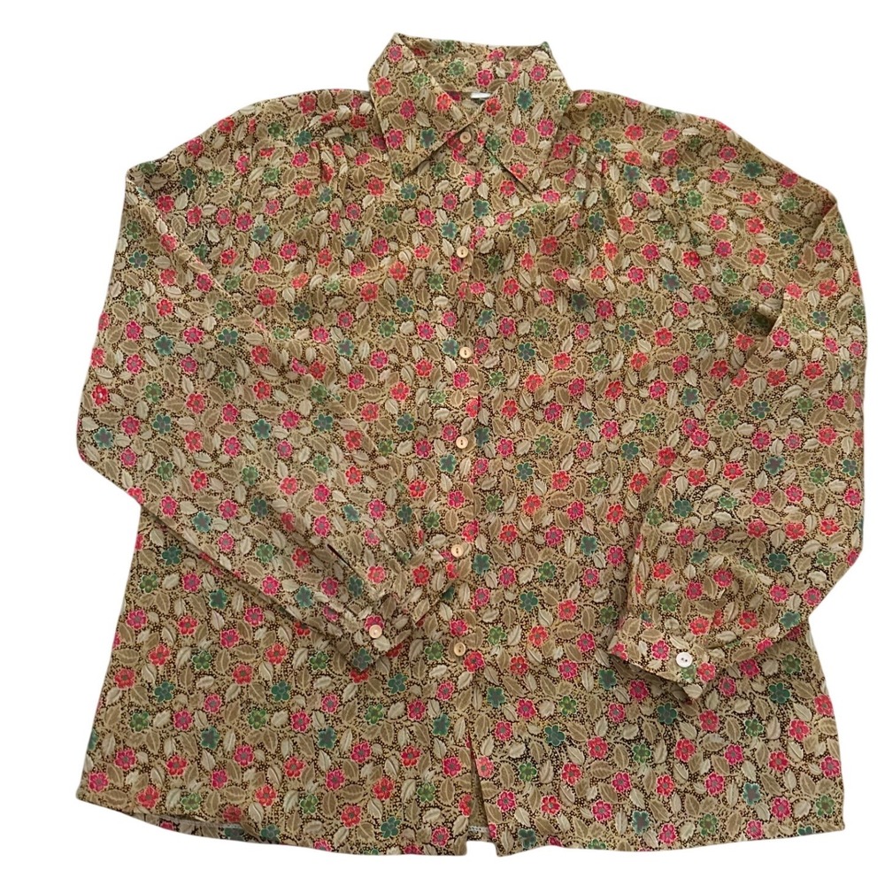 Vintage Floral Button Down Blouse Long Sleeve Pink Green Tan Patterned Top